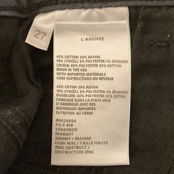 L’Agence Margot Black Distressed High Rise Skinny Jeans in Zinc Destruct. Sz 27 - Picture 8 of 8